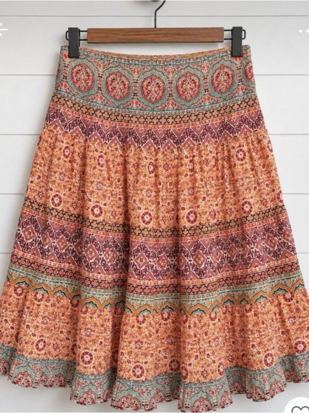 Ralph Lauren Orange, Teal and Maroon Boho A-Line Midi Skirt